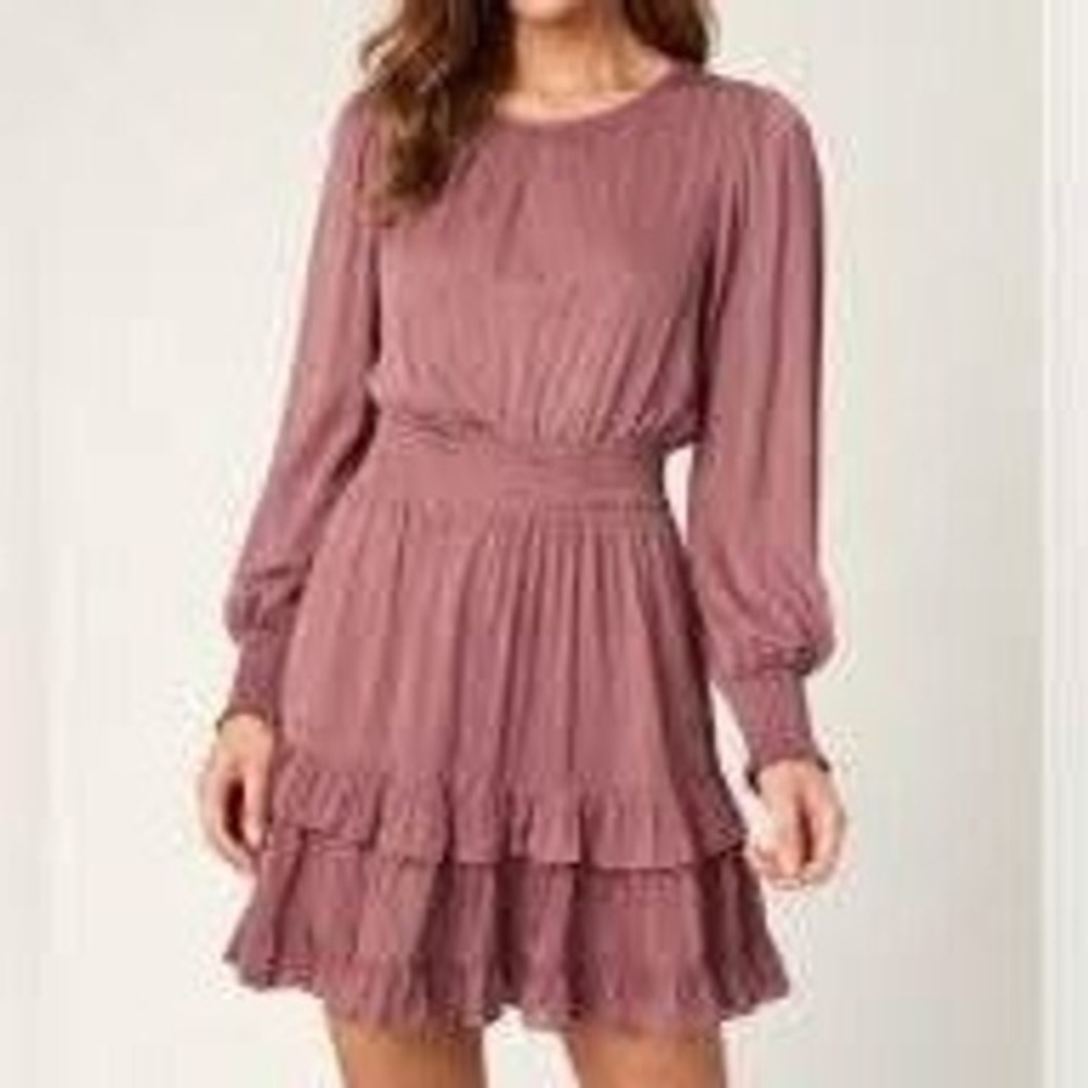 Evereve Mini Dress Women S Mauve Smocked Waist Tiered Ruffle Pleated Boho Dress